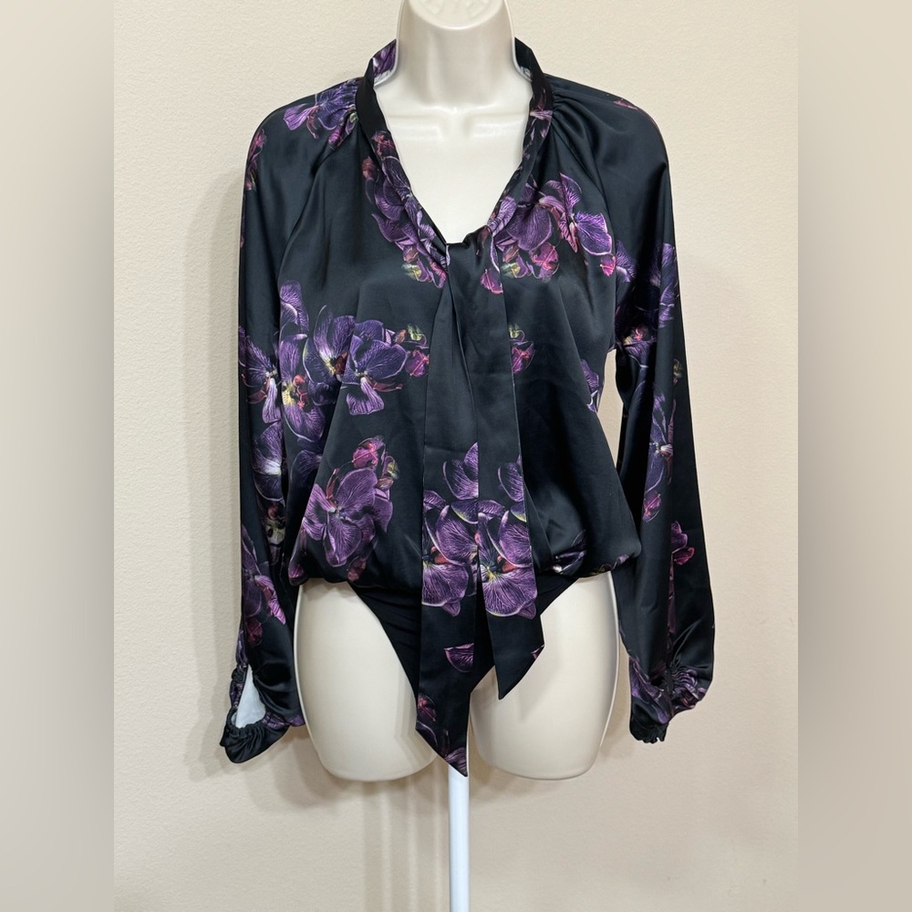 Express Women’s Black & Purple Floral Ballon Sleeve Wrap Front Thong Bodysuit S